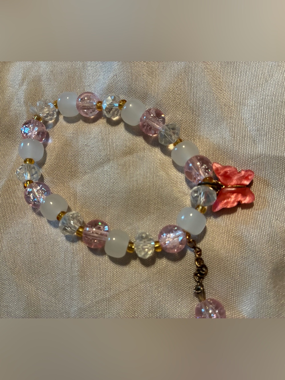 Pink Crystal & White Bead Butterfly Charm Stretch Bracelet